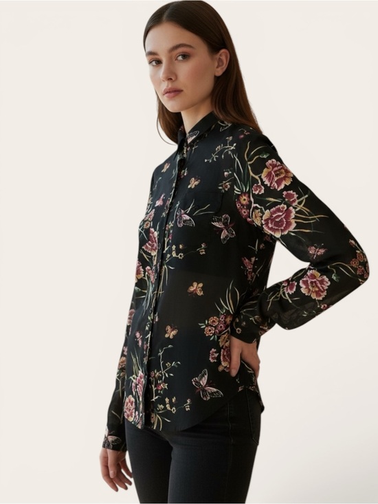 Wet Seal Tops - Wet Seal Black Floral Button-Down Shirt with Pink Flowers and Butterflies